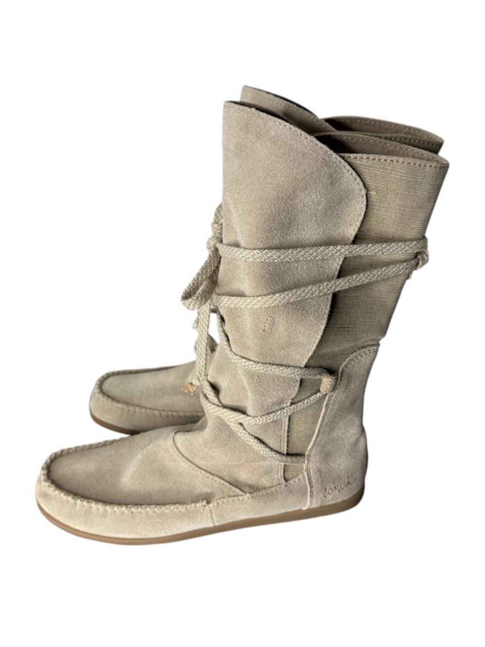 SANUK Creamy Light Tan Suede Canvas Sangria Lace Around Slouch Boots Boho Size 7